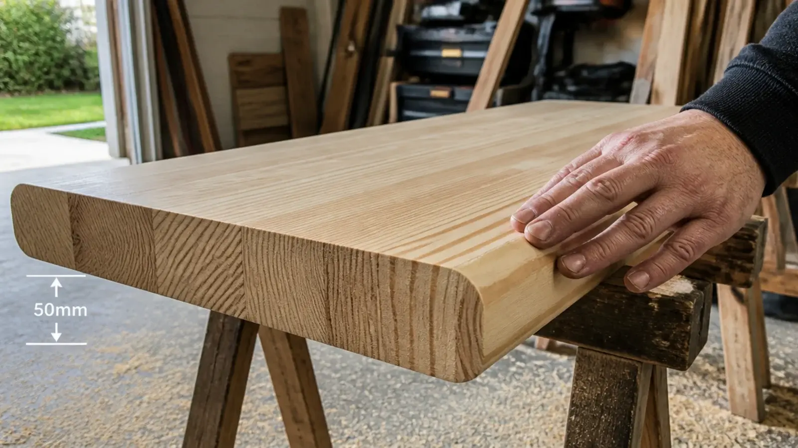 solid stair tread with a rounded bullnose edge used as a tabletop