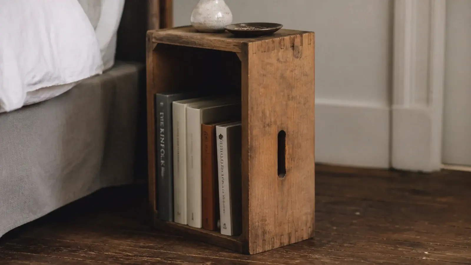 old wooden drawer stripped and turned into an open bedside cube