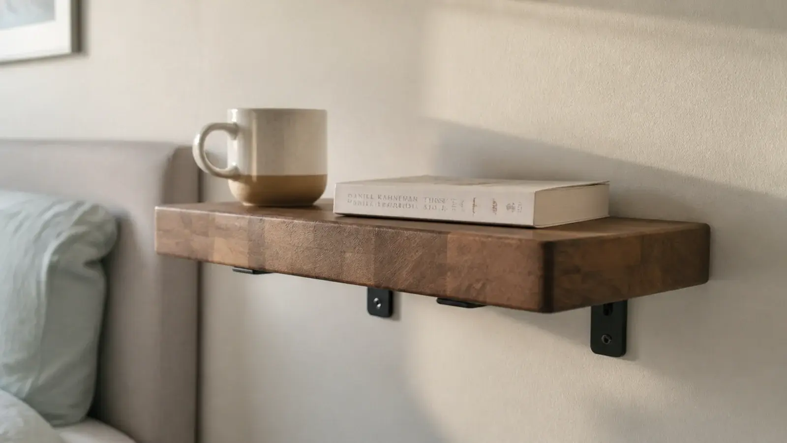 thick wooden cutting board mounted on two brackets as a bedside shelf