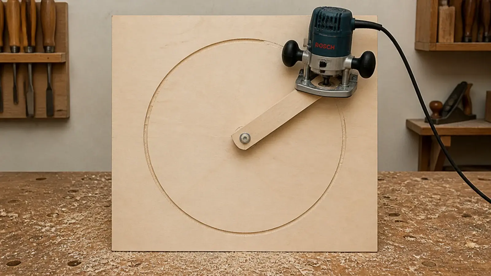 router mounted on a homemade trammel arm cutting a circular tabletop