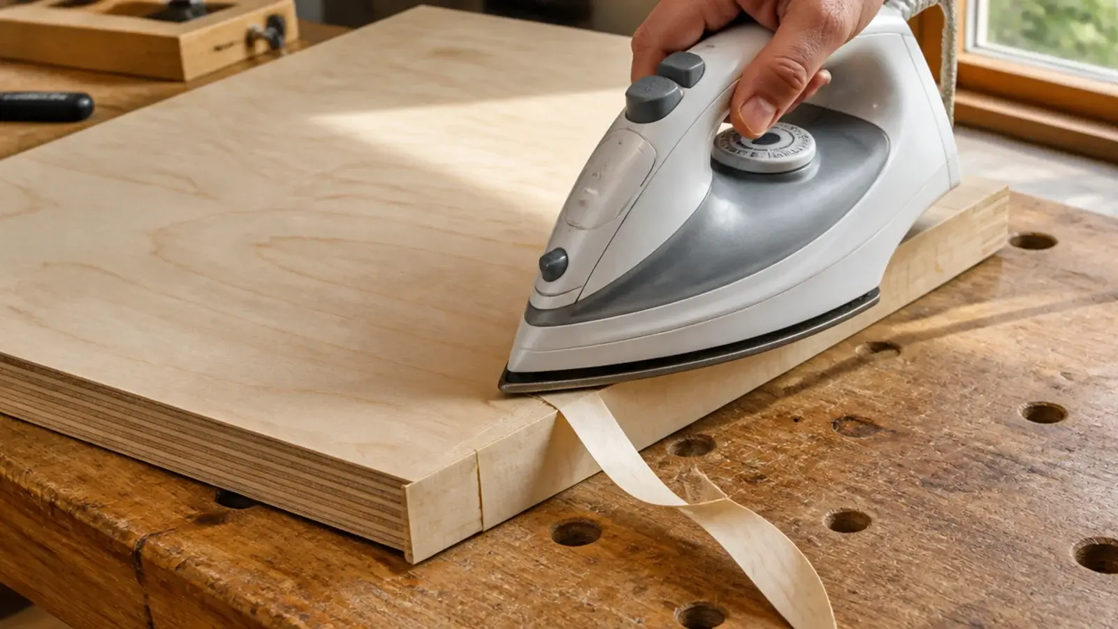 household iron pressing veneer edge banding onto raw plywood edge