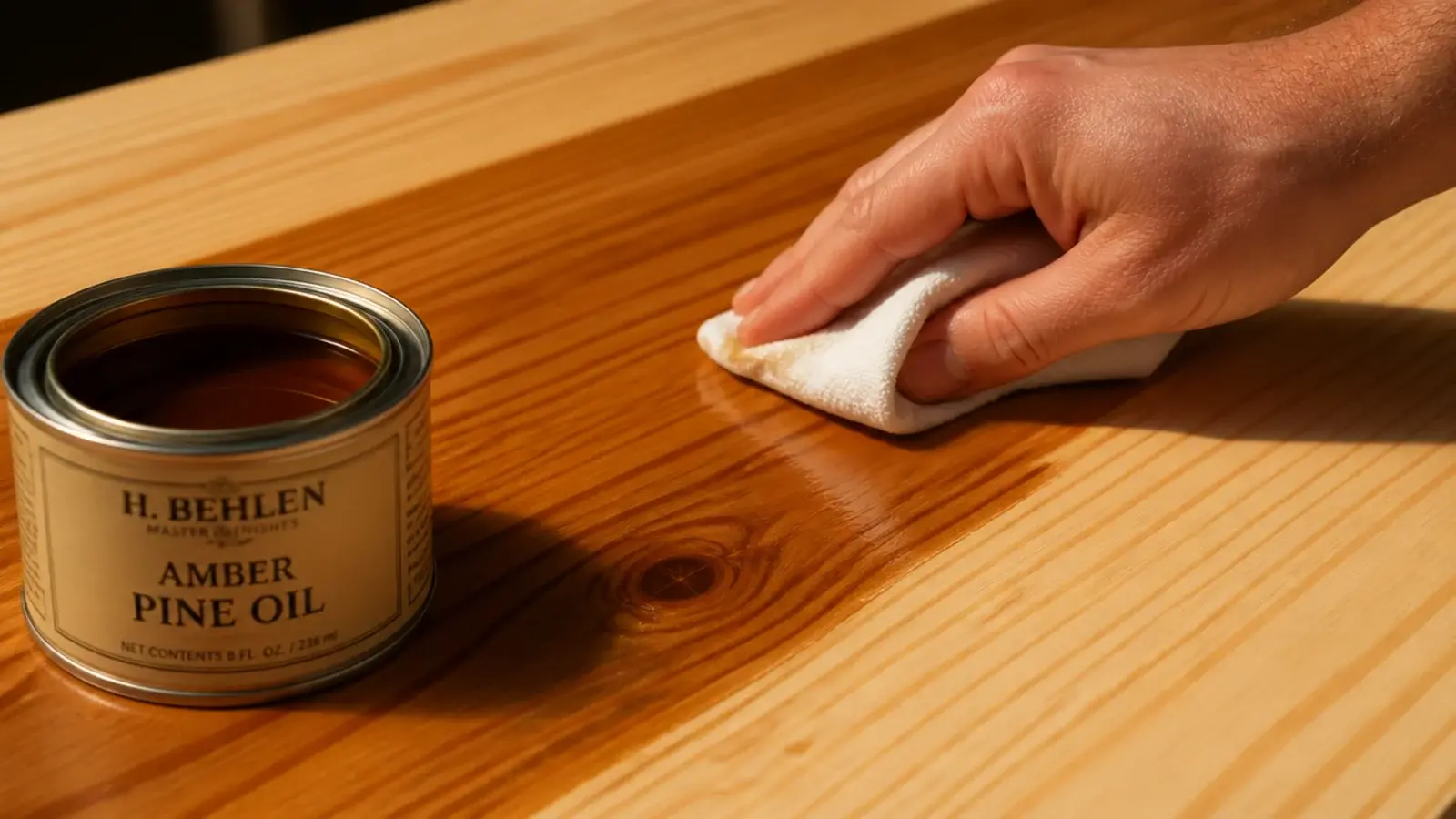 cloth wiping danish oil across pine grain darkening the surface