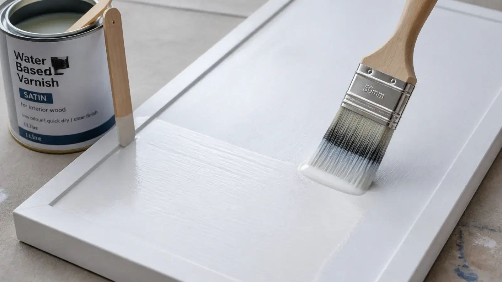 brush applying milky water based varnish over a white painted panel