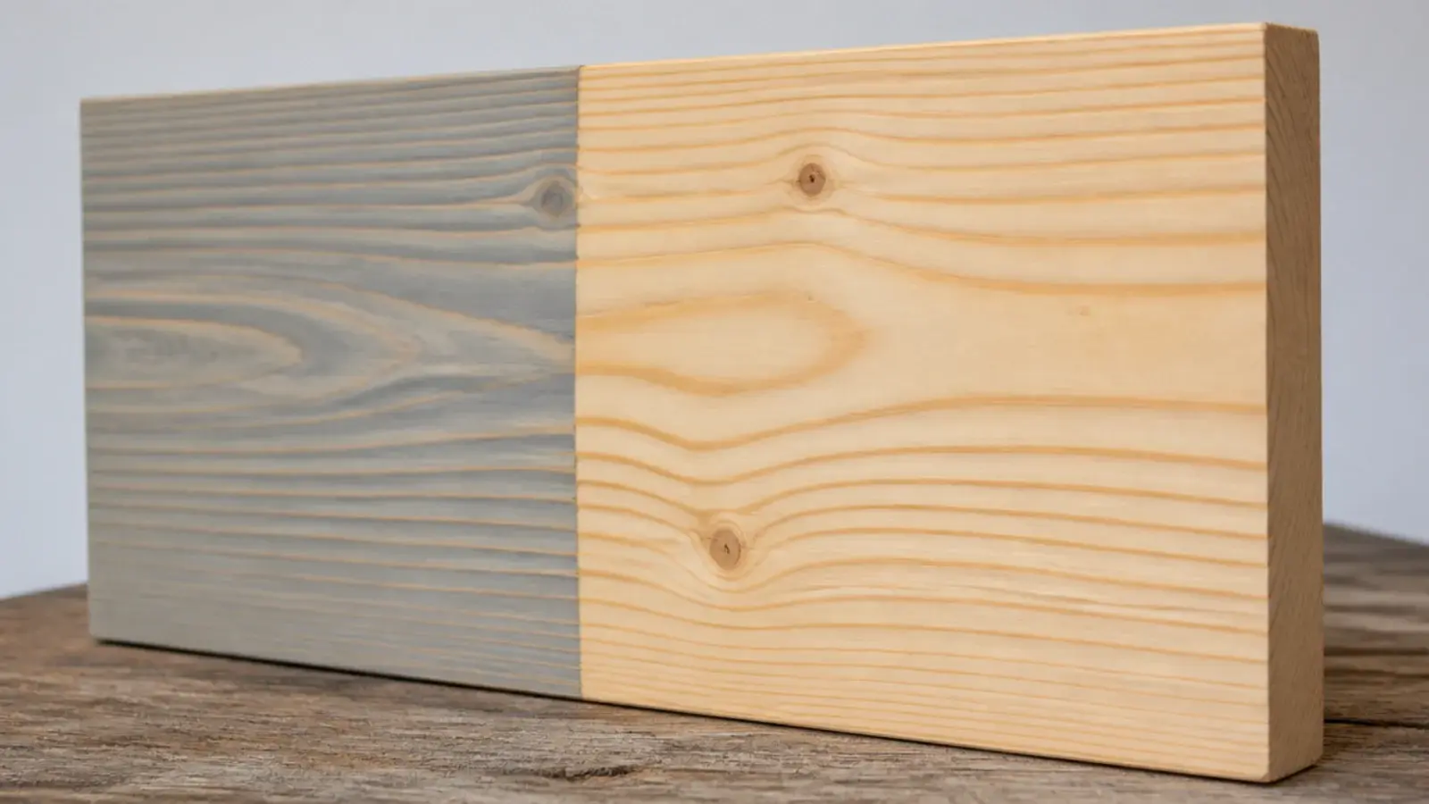 diluted grey paint washed over pine showing grain through the colour