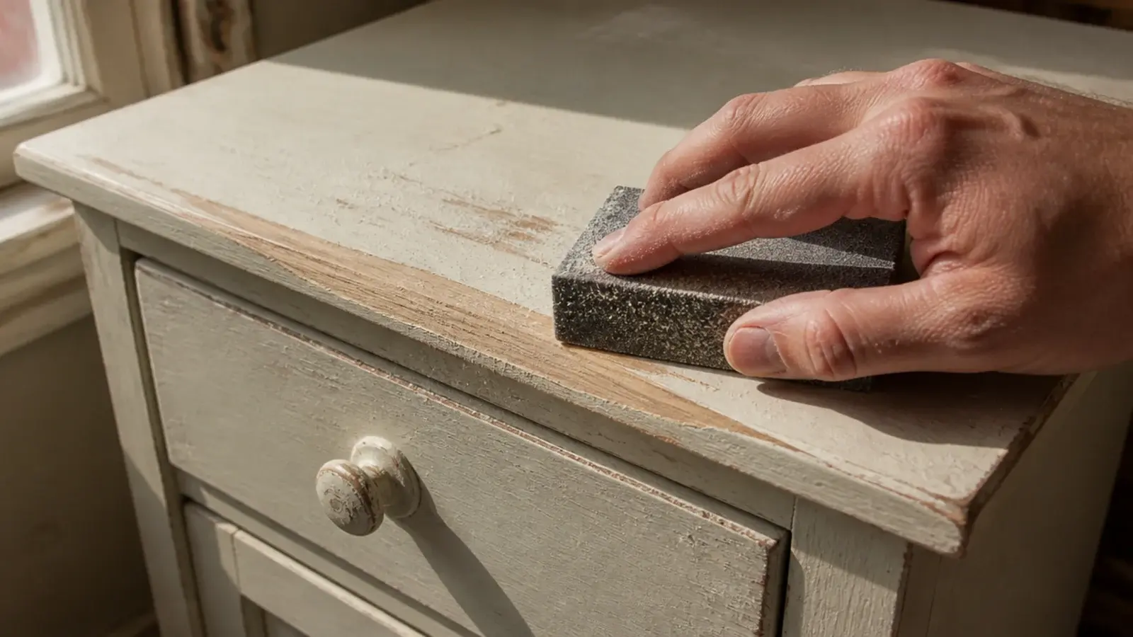 sanding block rubbing paint off a cabinet edge to reveal bare wood