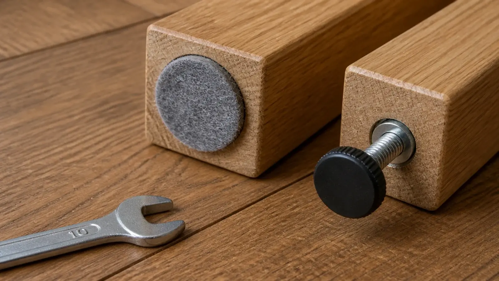 felt pad and adjustable levelling foot fitted under a table leg