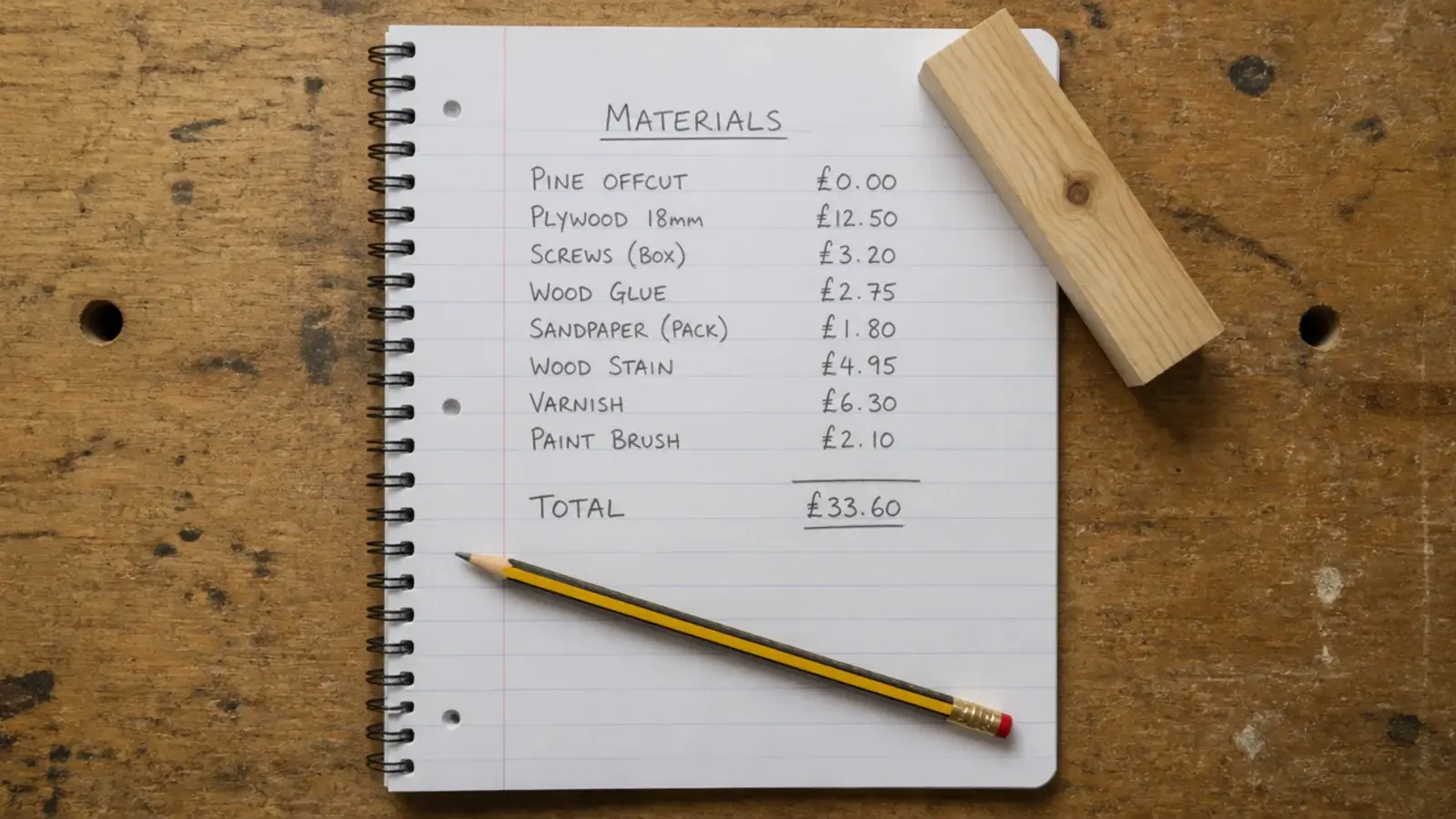 handwritten materials list with prices totalled beside a timber offcut