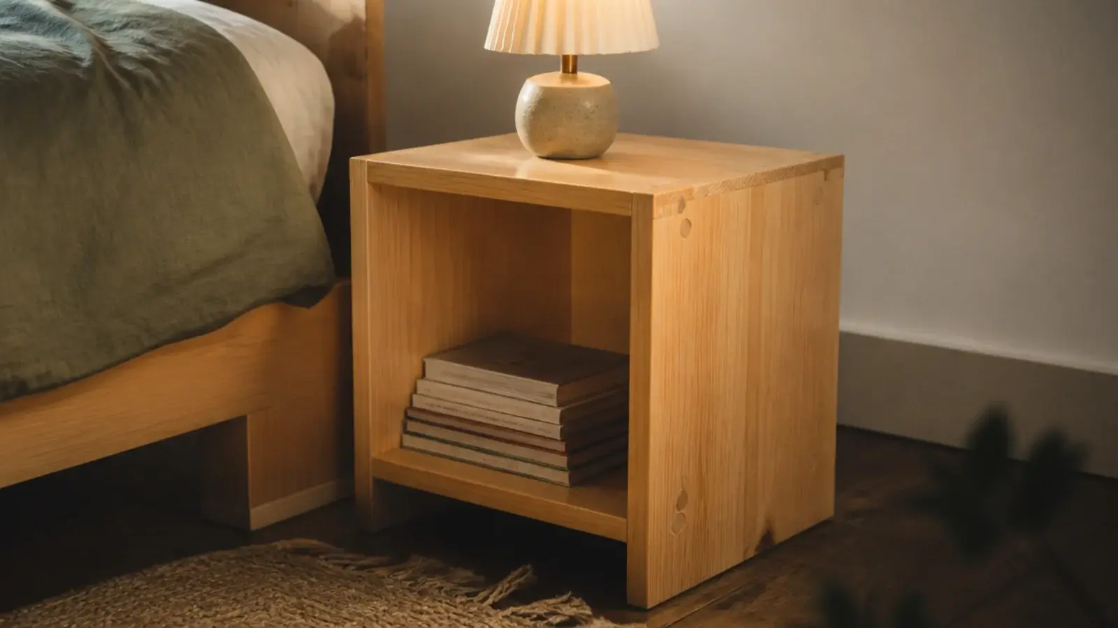 diy bedside table built from pine boards with visible screws and oiled finish