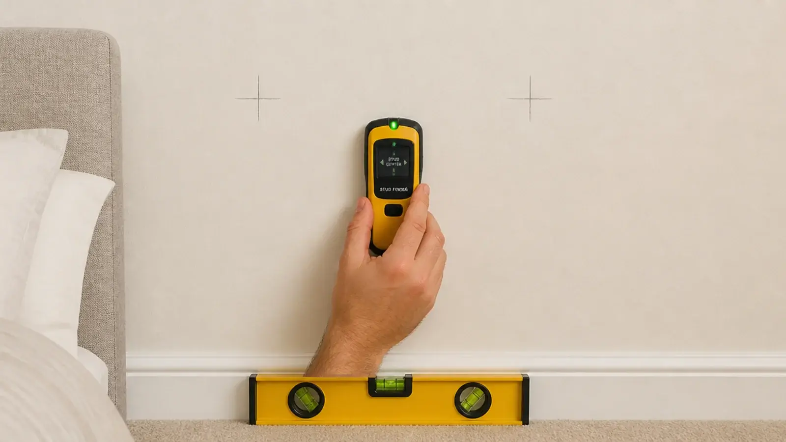 stud finder held against a bedroom wall marked with pencil crosses