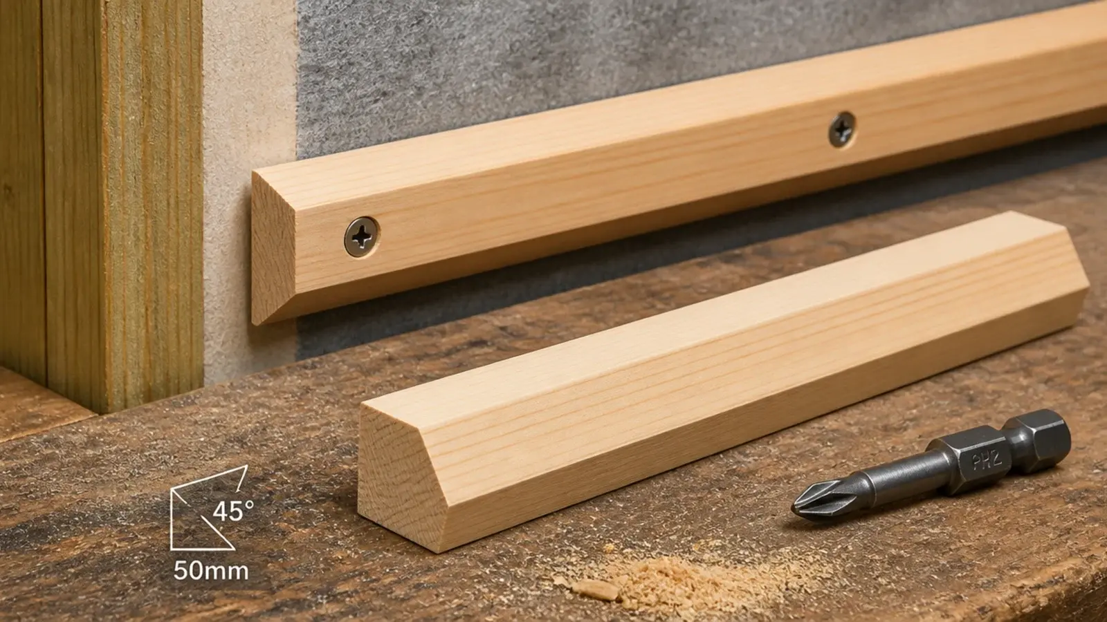two angled timber cleat halves shown interlocking against a wall
