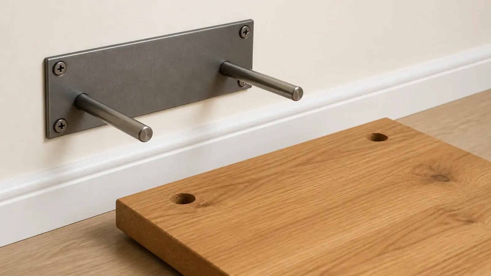 steel rod bracket plate fixed to a wall before a shelf slides on