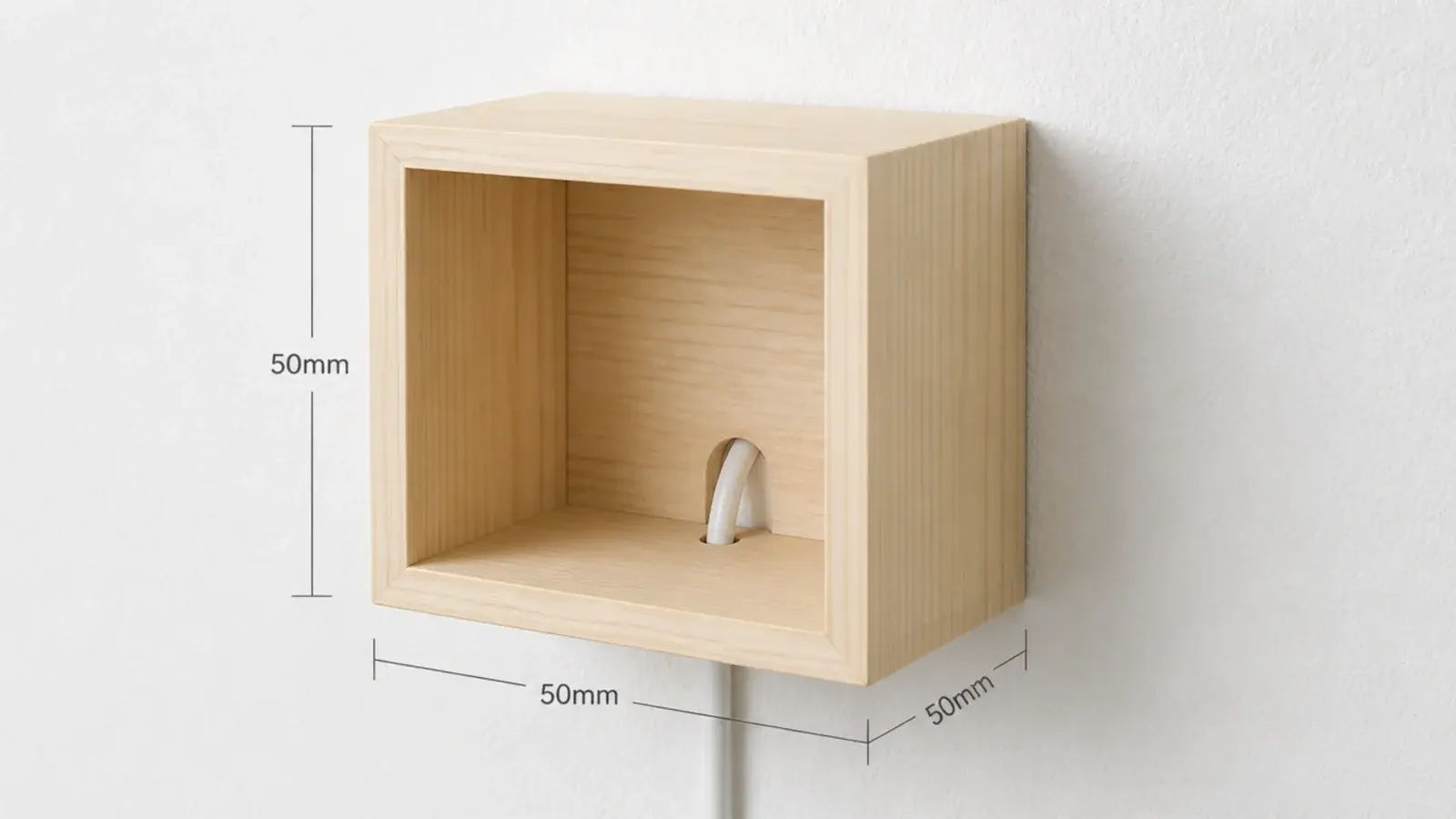 open fronted cube on a wall with a cable notch cut in the back