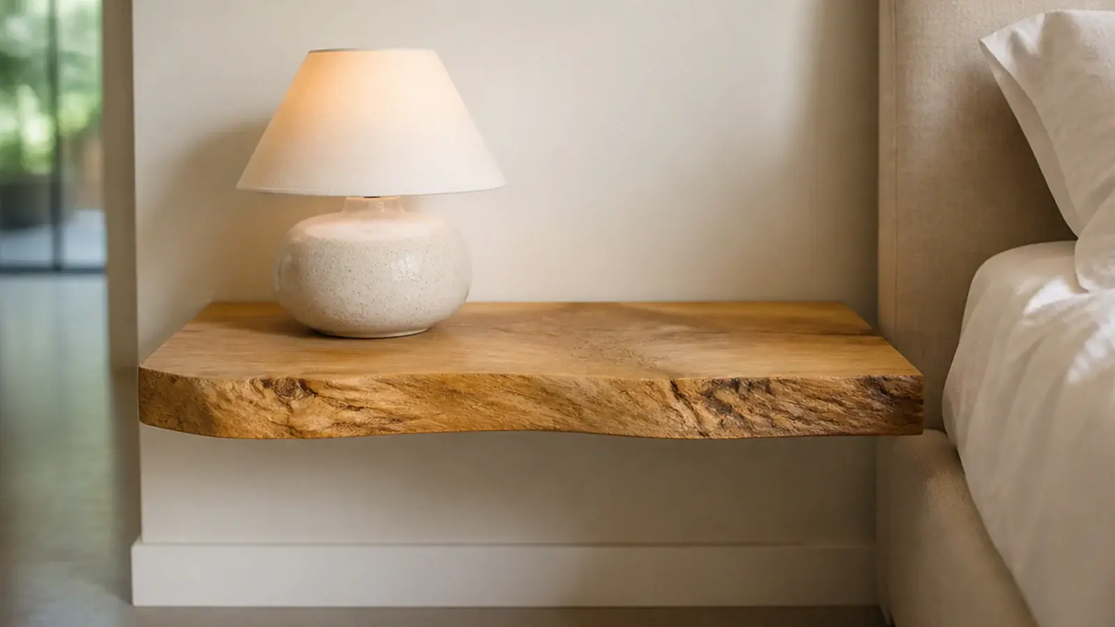 live edge timber slab floating beside a bed with visible bark line