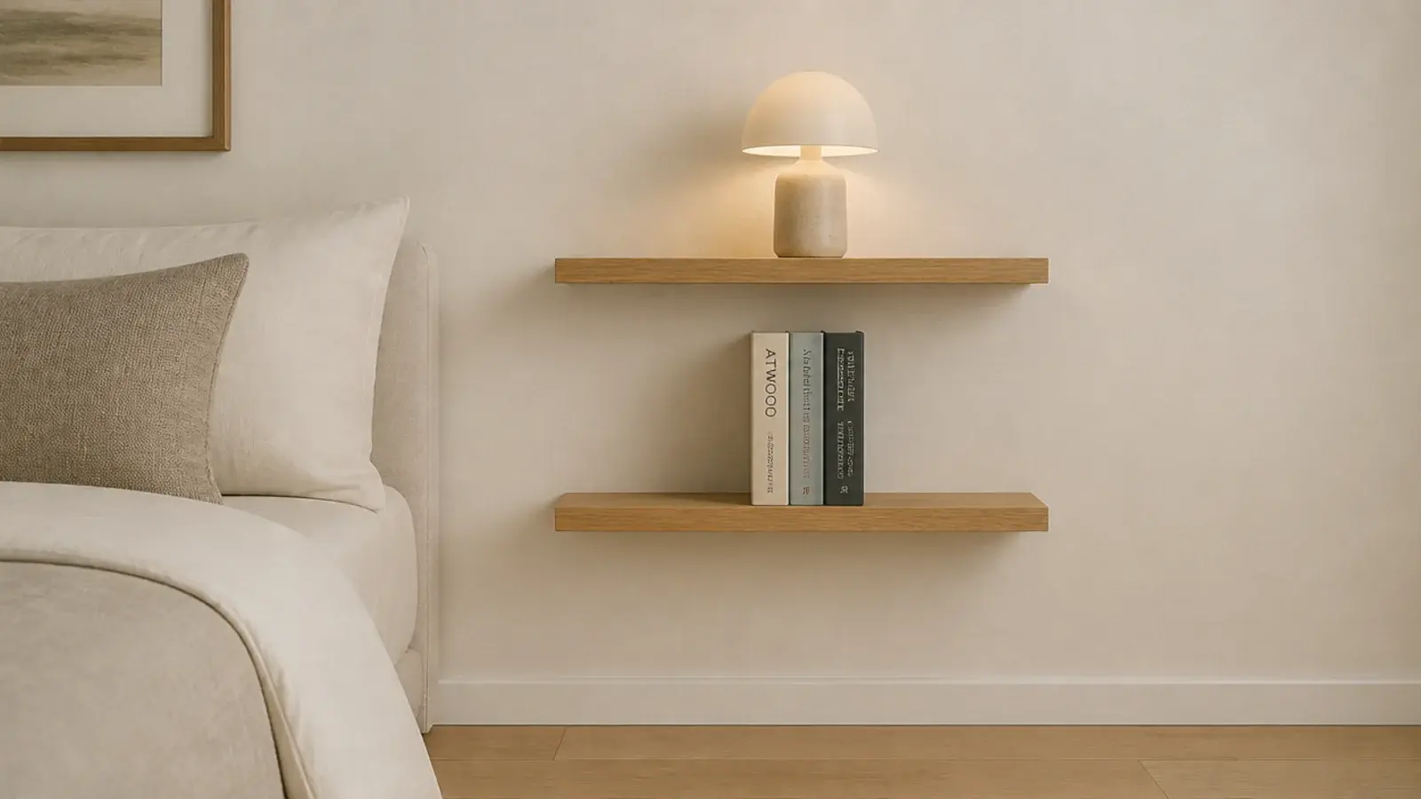 pair of stacked floating shelves beside a bed at different heights