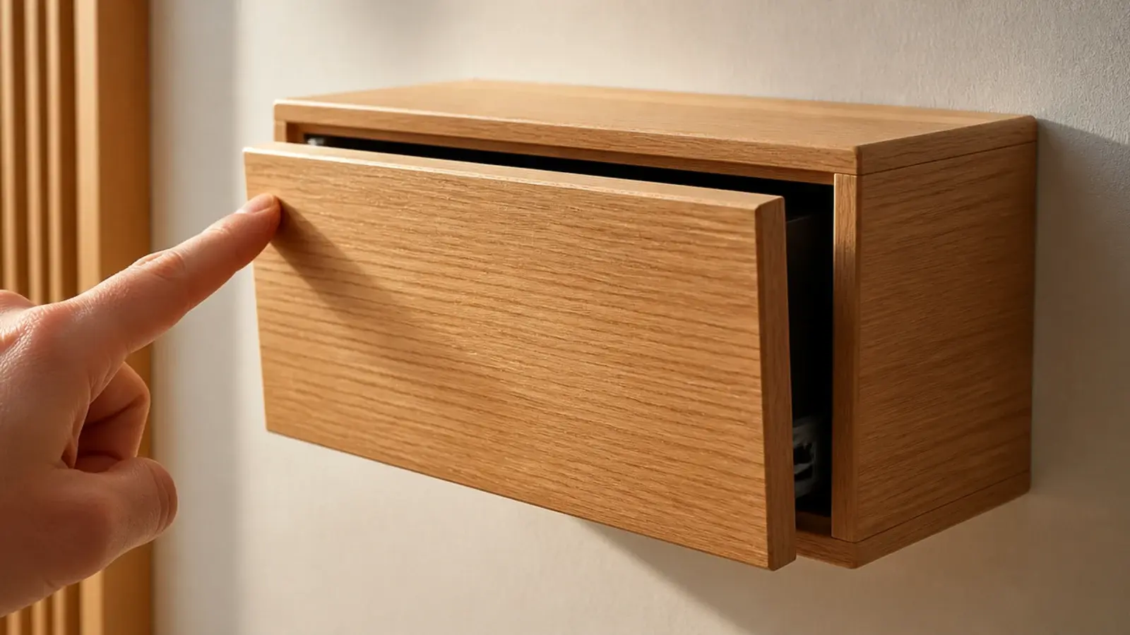 handleless floating drawer front pressed open by a fingertip