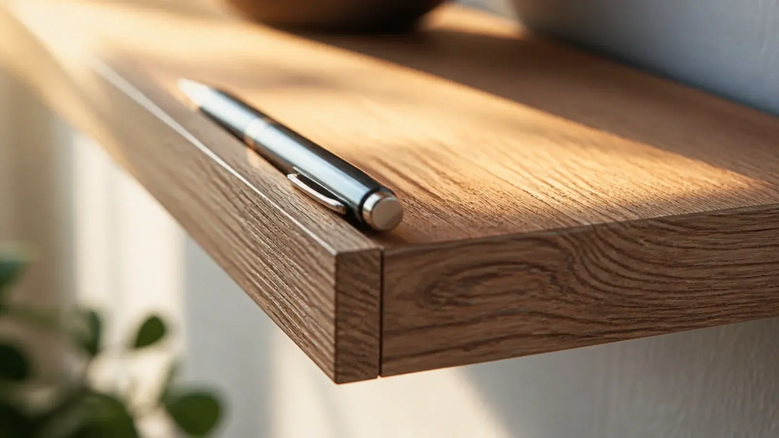 floating shelf with a small raised front lip holding a pen