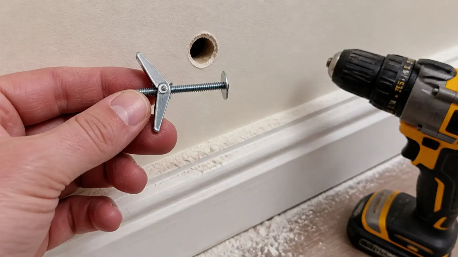 metal toggle bolt shown with its wings open beside a drilled hole