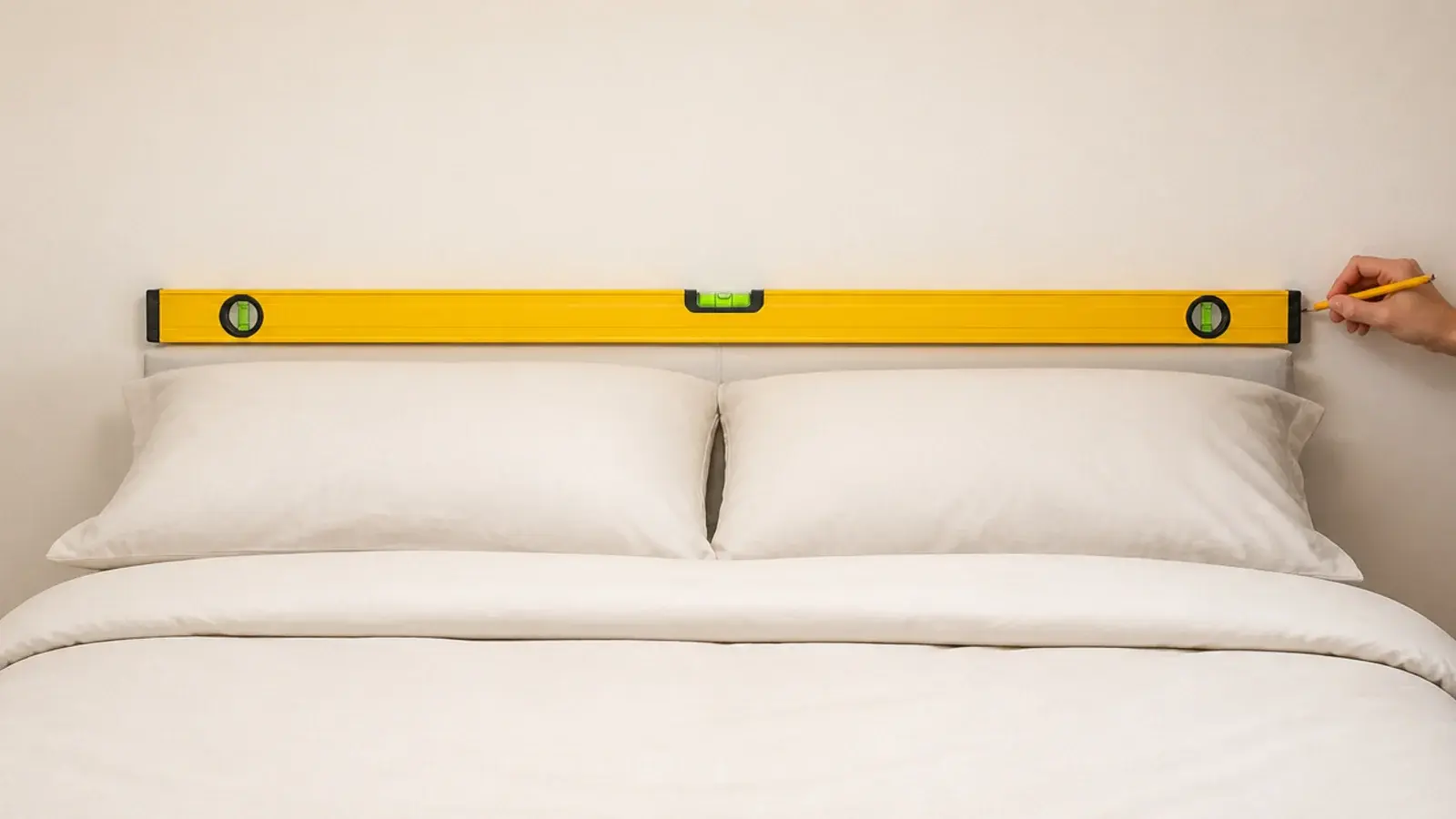 spirit level held against a wall in line with a made mattress top