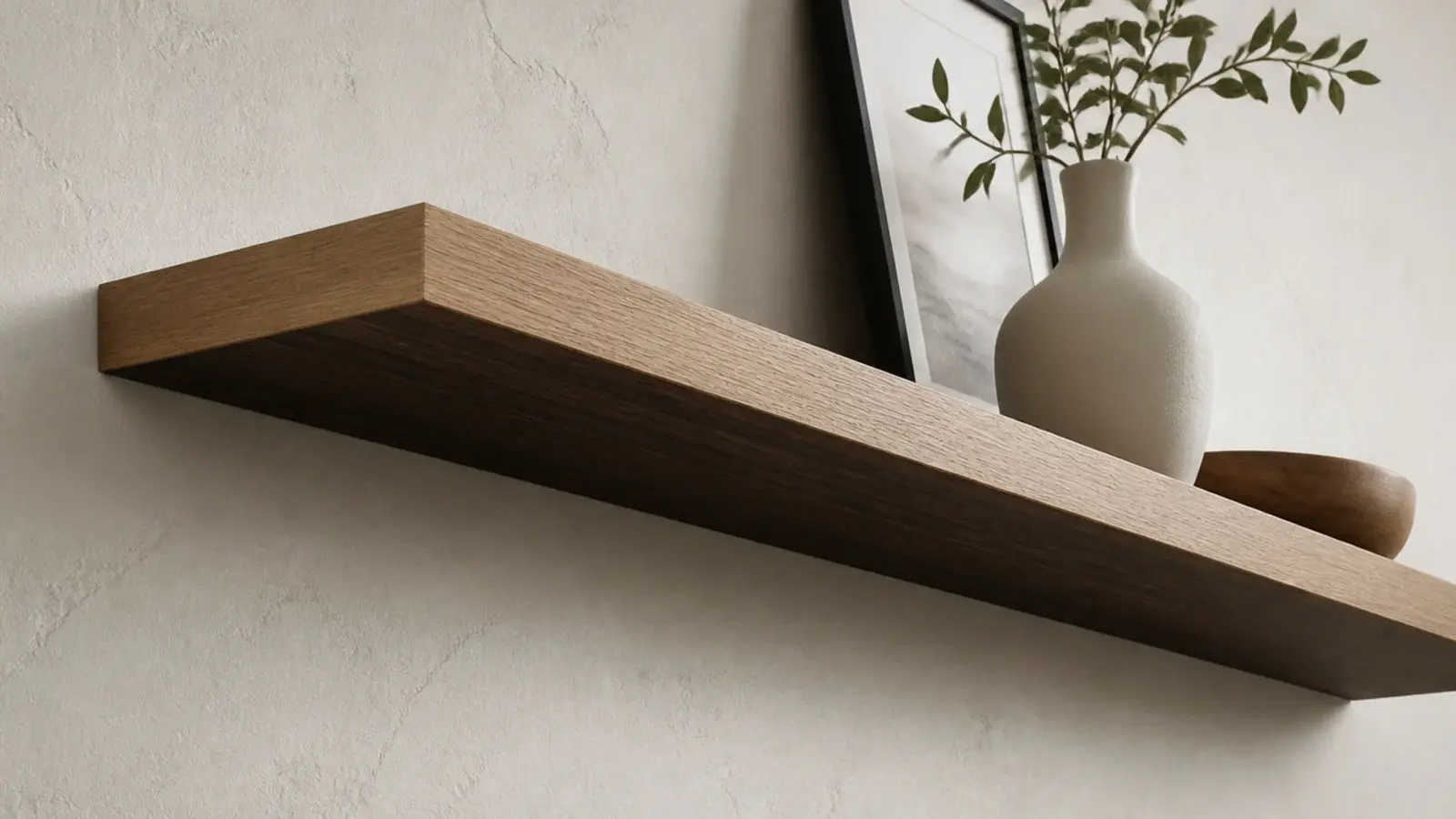 underside of a floating shelf finished in a darker tone than the top