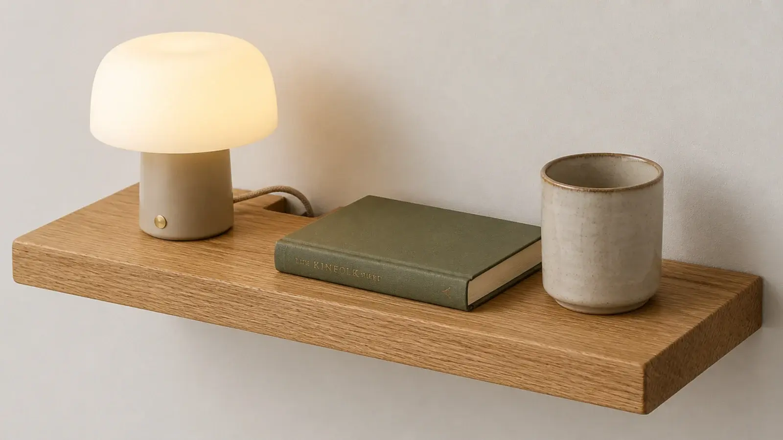 styled floating bedside shelf holding three objects with no visible cable