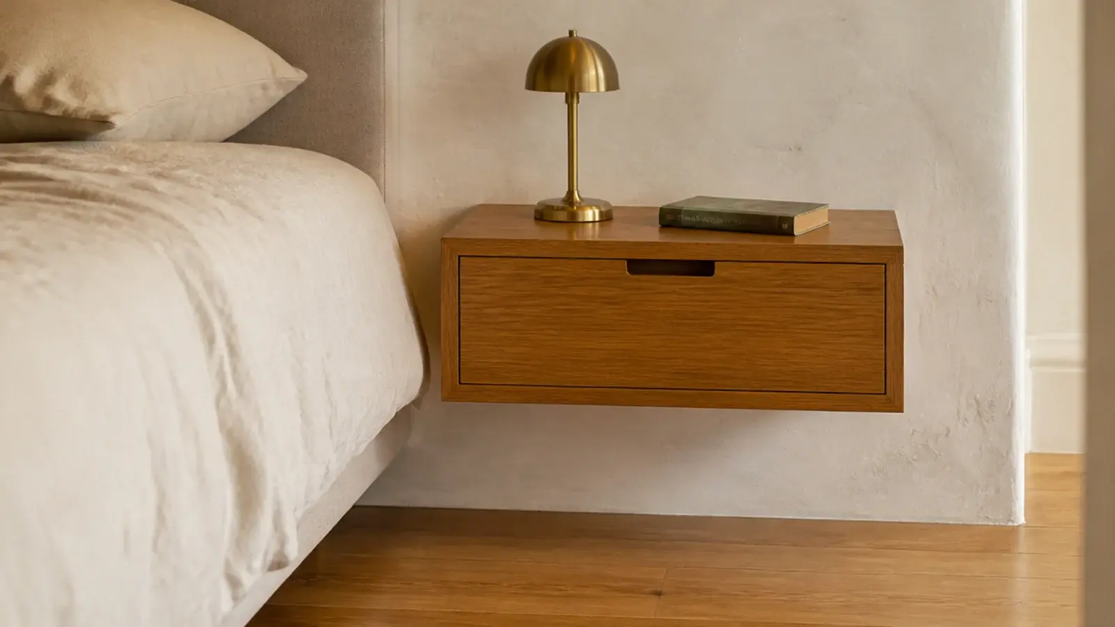 floating bedside table ideas shown as an oak box mounted beside a bed