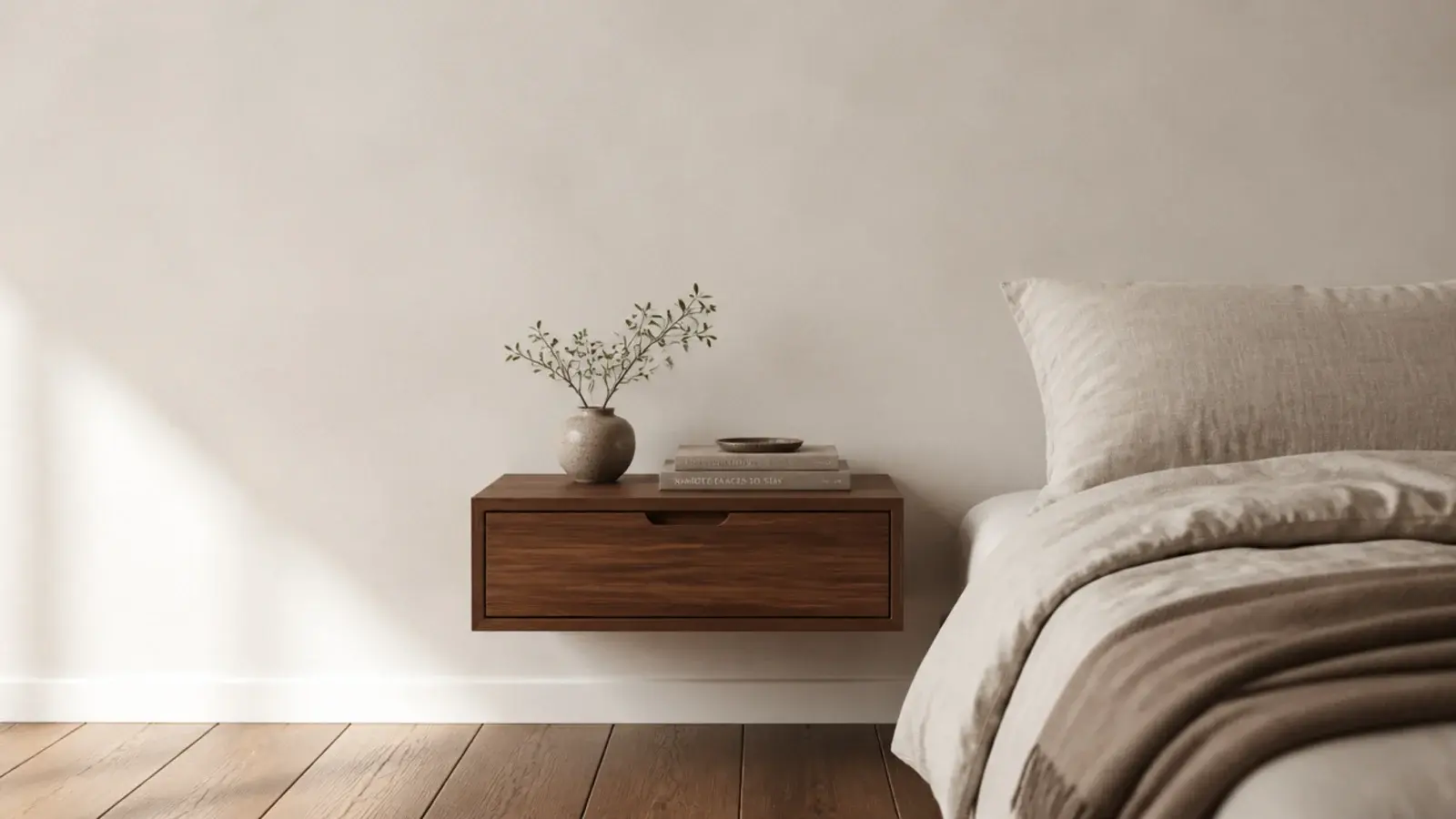tall view of floating bedside table ideas with clear floor beneath the shelf