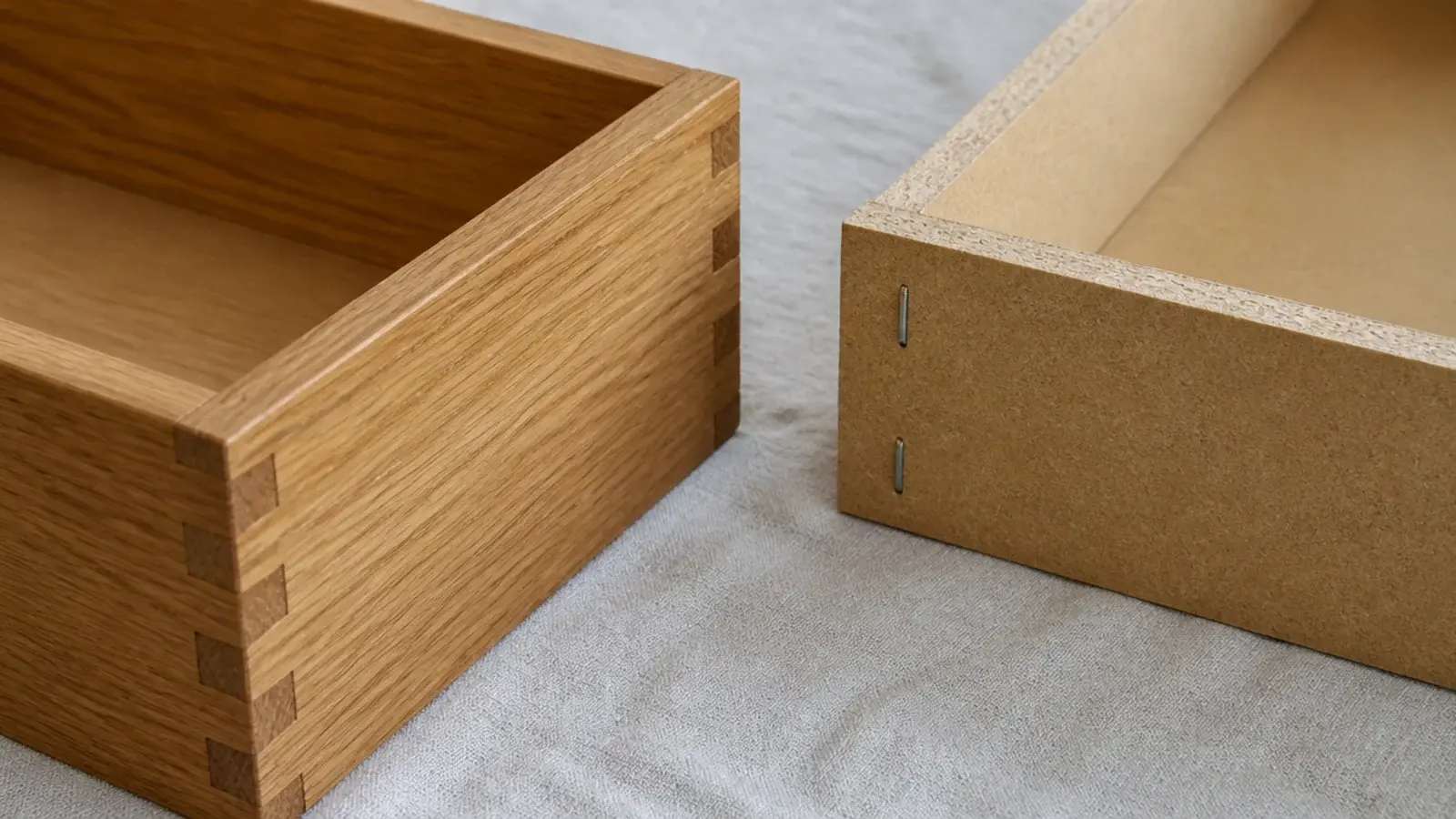 close view of dovetail corner joint against a stapled butt joint
