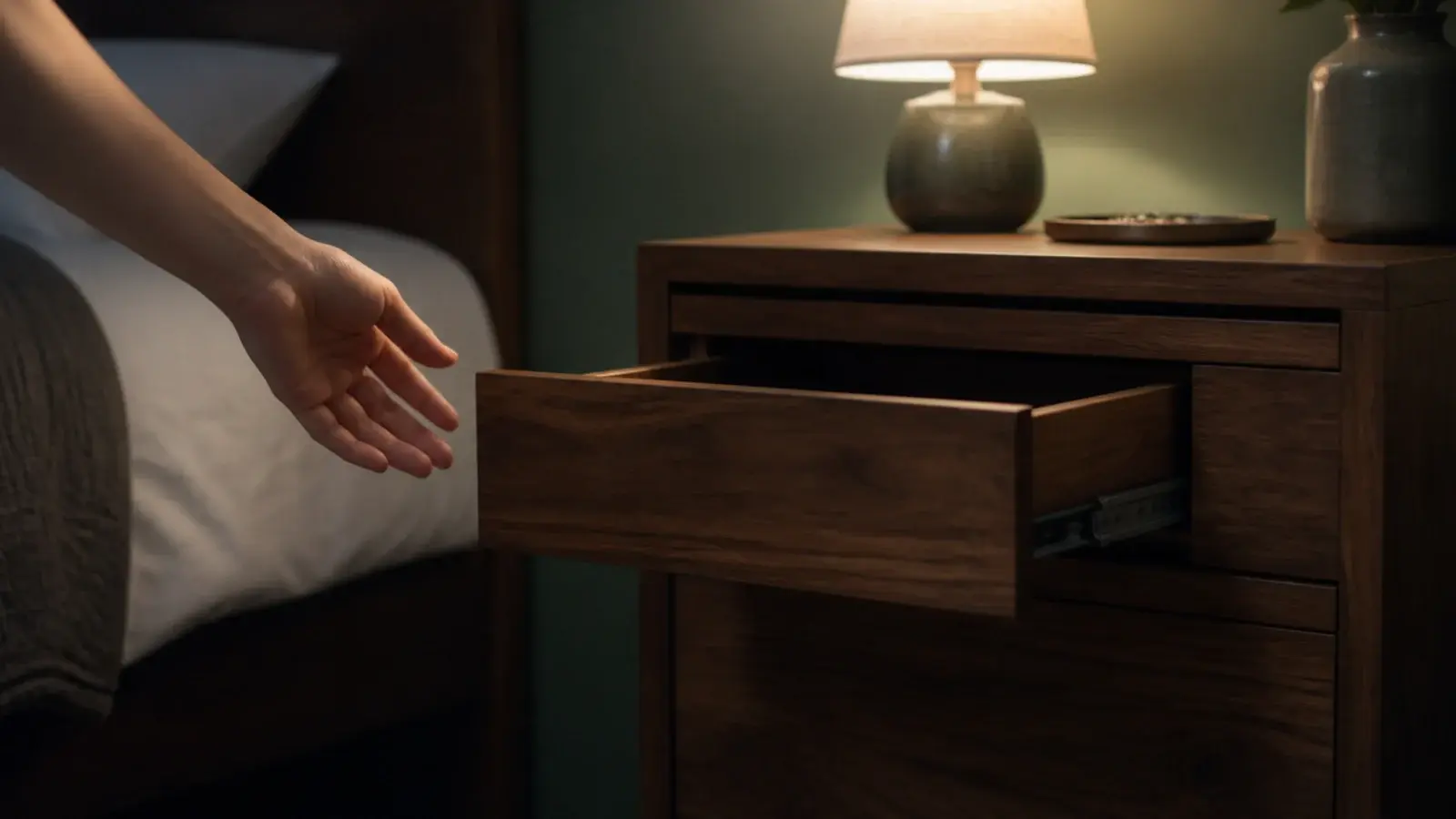 hand releasing a bedside drawer that closes itself on hidden runners