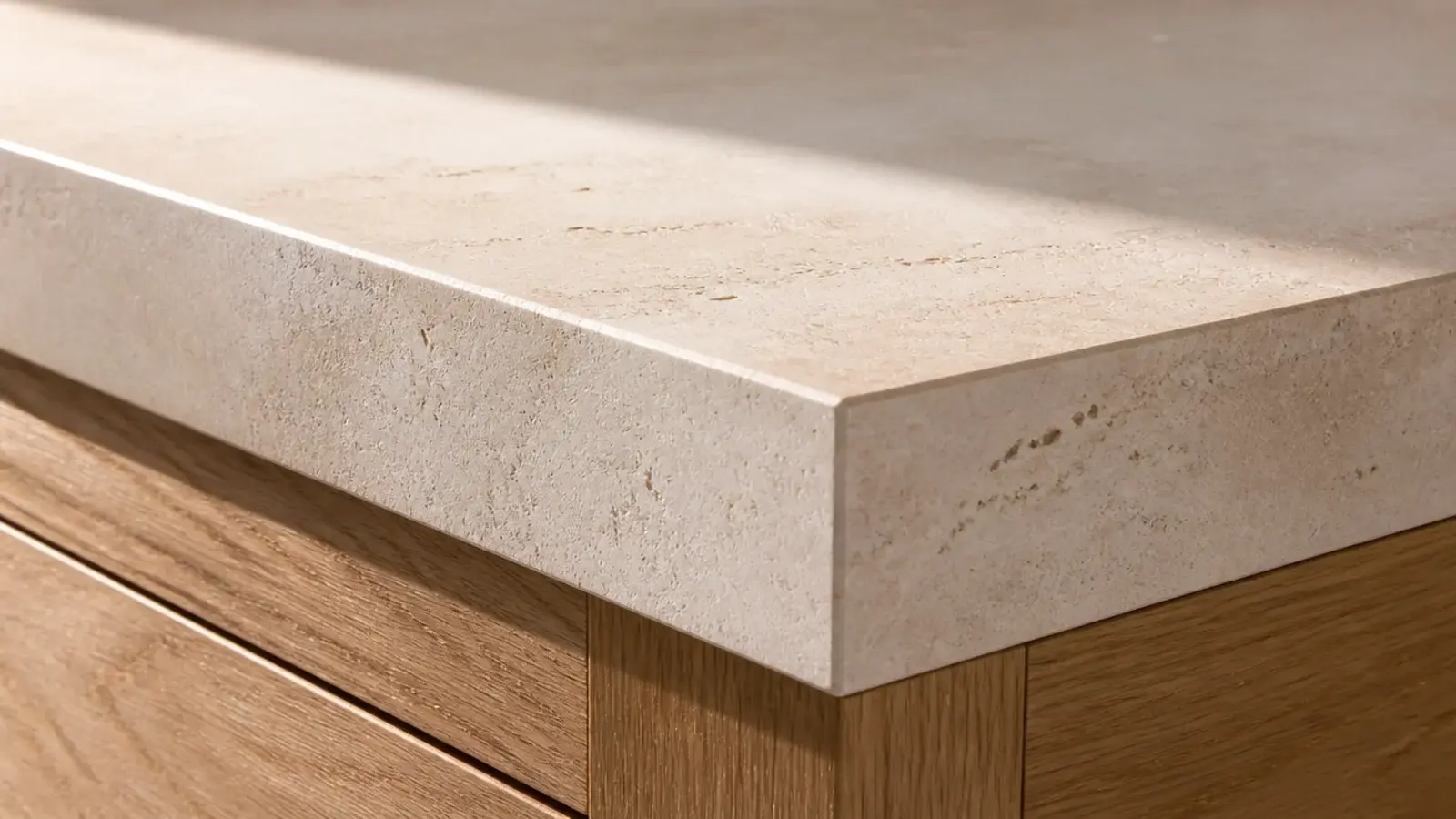 mitred stone edge on a bedside cabinet showing a thick continuous face