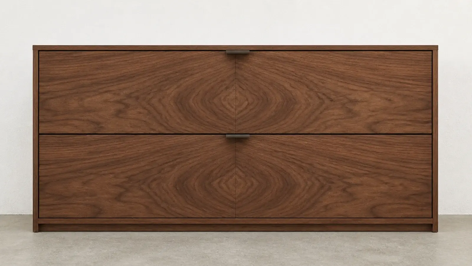 two drawer fronts with mirrored walnut grain meeting at the centre