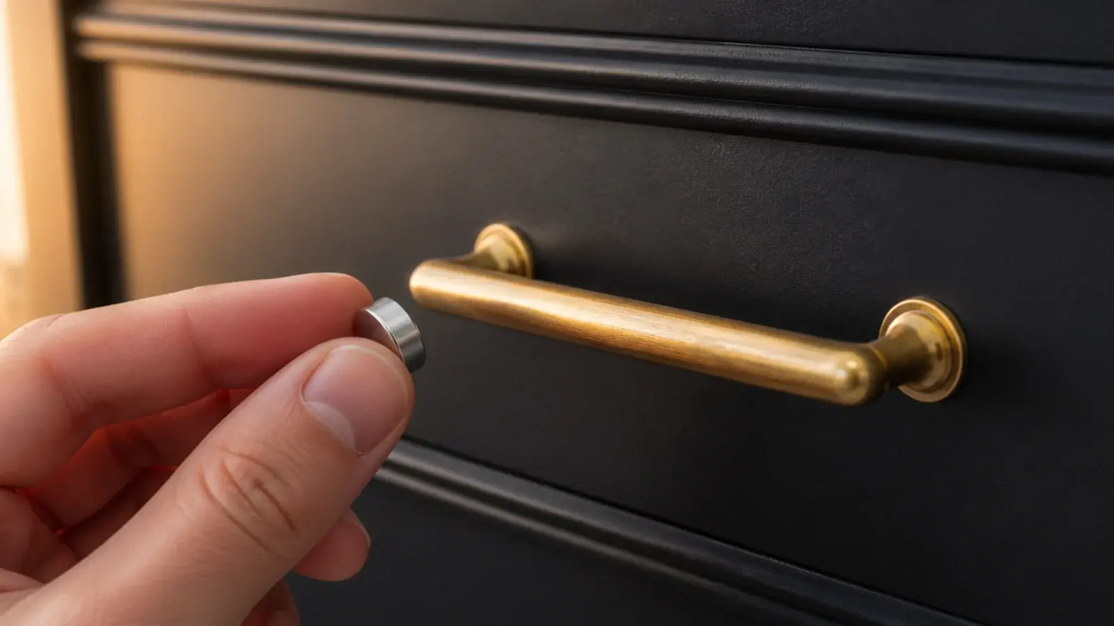 small magnet held against a brass drawer pull refusing to stick