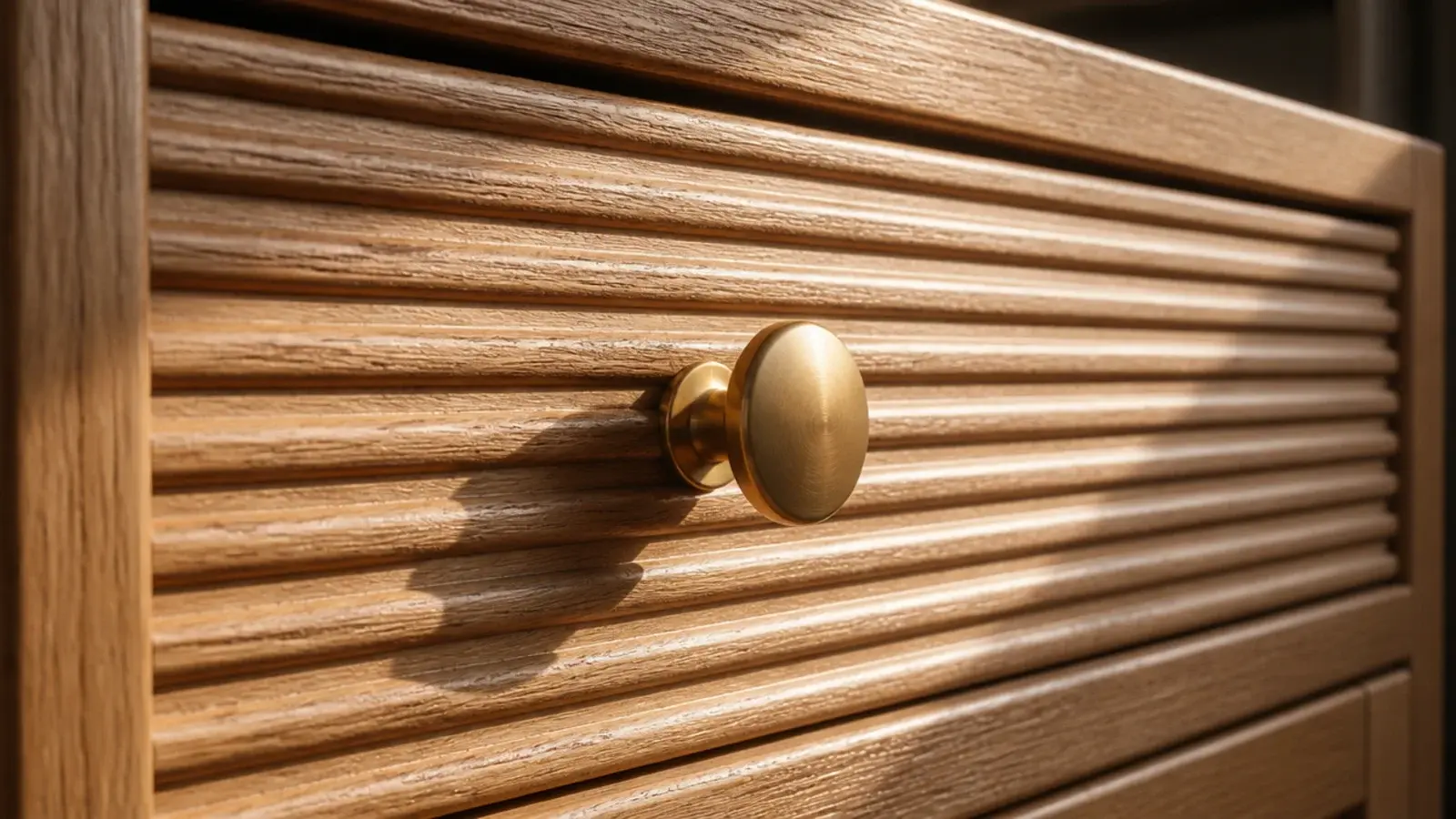 reeded oak drawer front with narrow vertical grooves catching low light