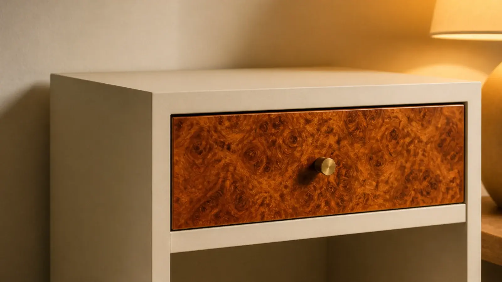 swirling burl veneer panel set into an otherwise plain bedside cabinet