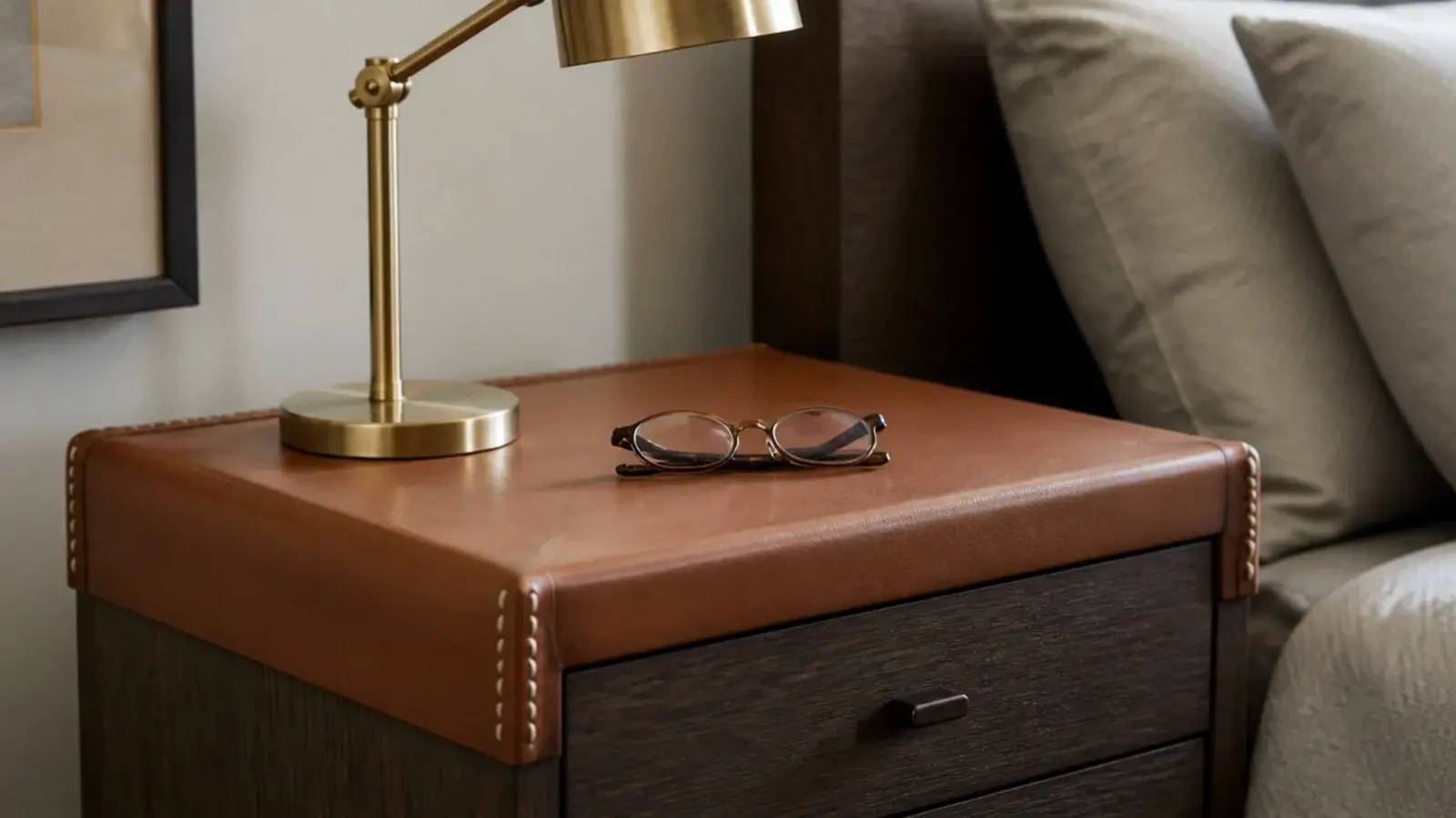 tan leather top on a bedside cabinet with visible hand stitching