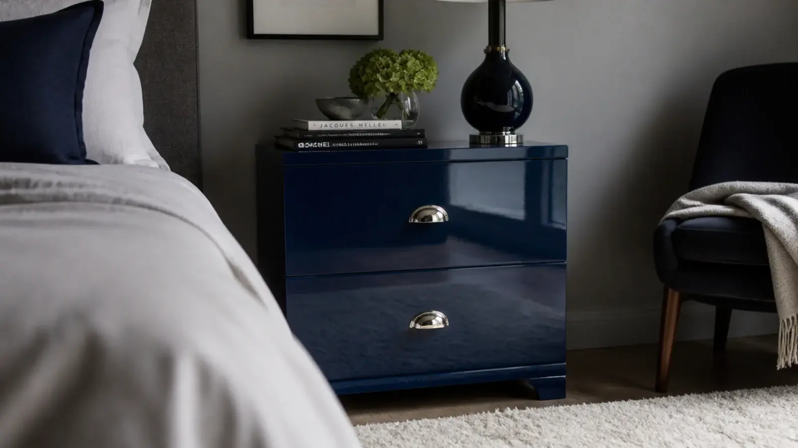 deep gloss lacquered bedside cabinet reflecting a window as a soft rectangle
