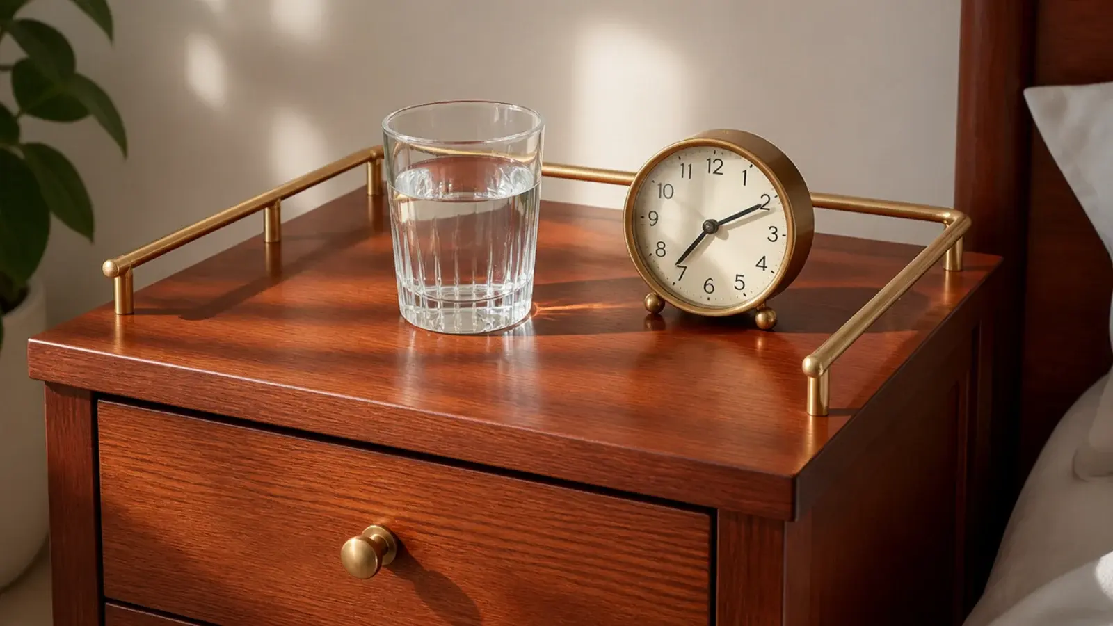 thin brass gallery rail edging the top of a small bedside cabinet
