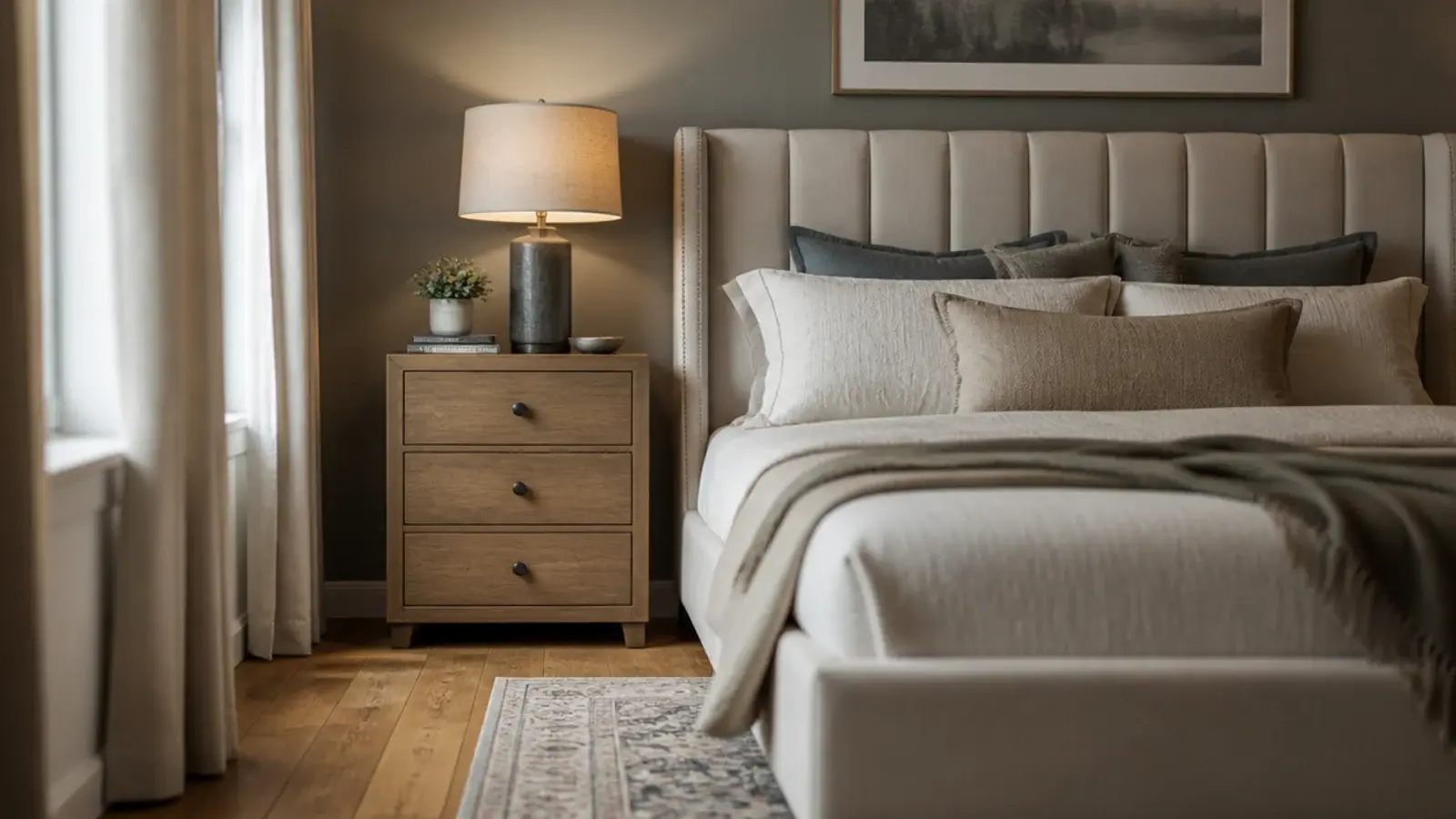 wide bedside cabinet holding its own beside a large upholstered king bed