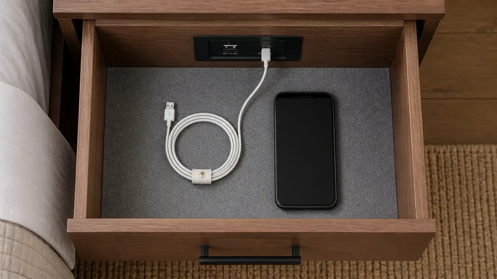 bedside drawer opened to reveal a recessed outlet and coiled cable