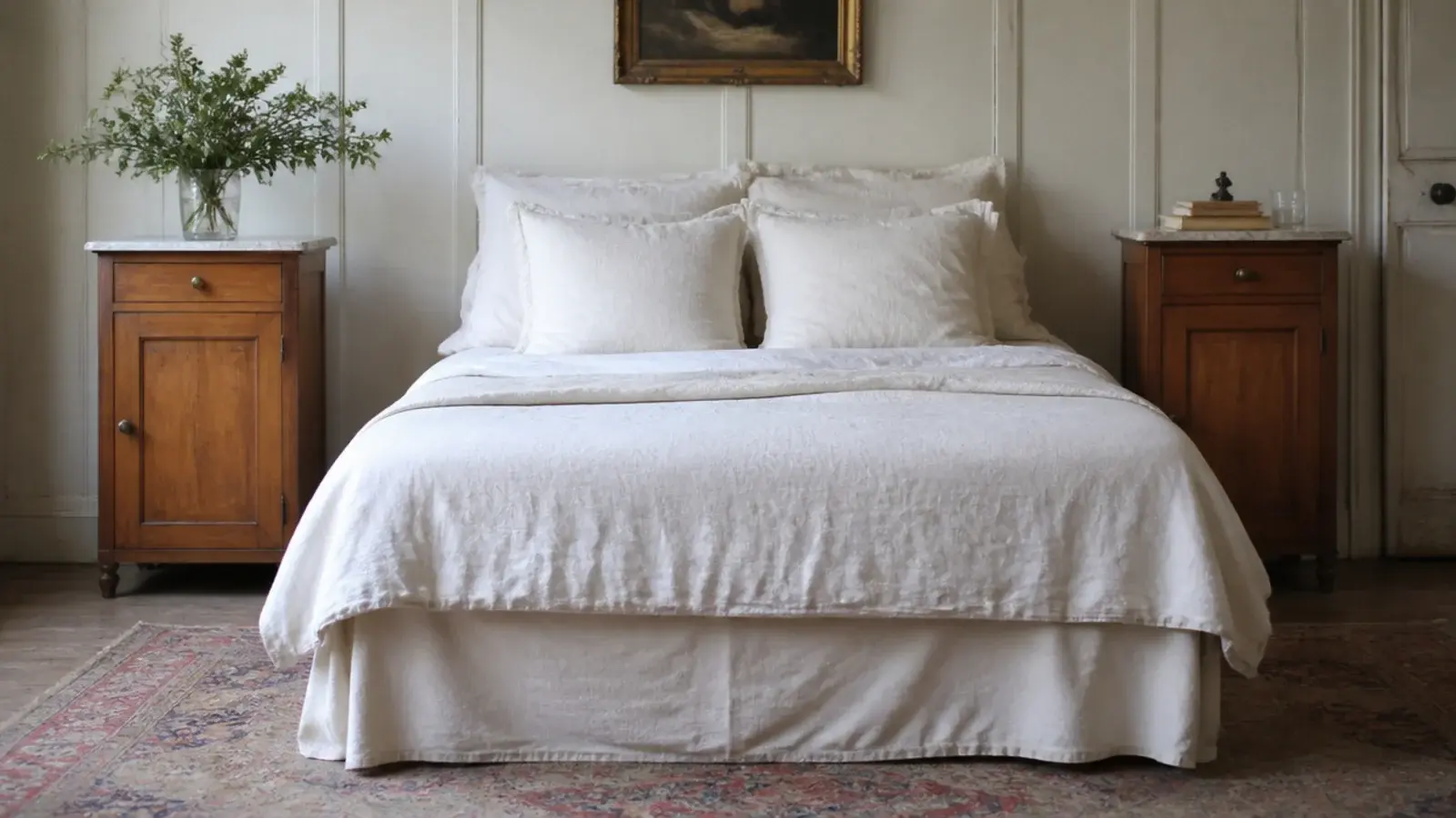matched pair of antique bedside cupboards flanking a linen dressed bed
