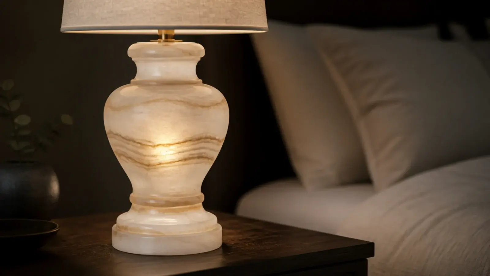 carved alabaster lamp base glowing from within beside a made bed