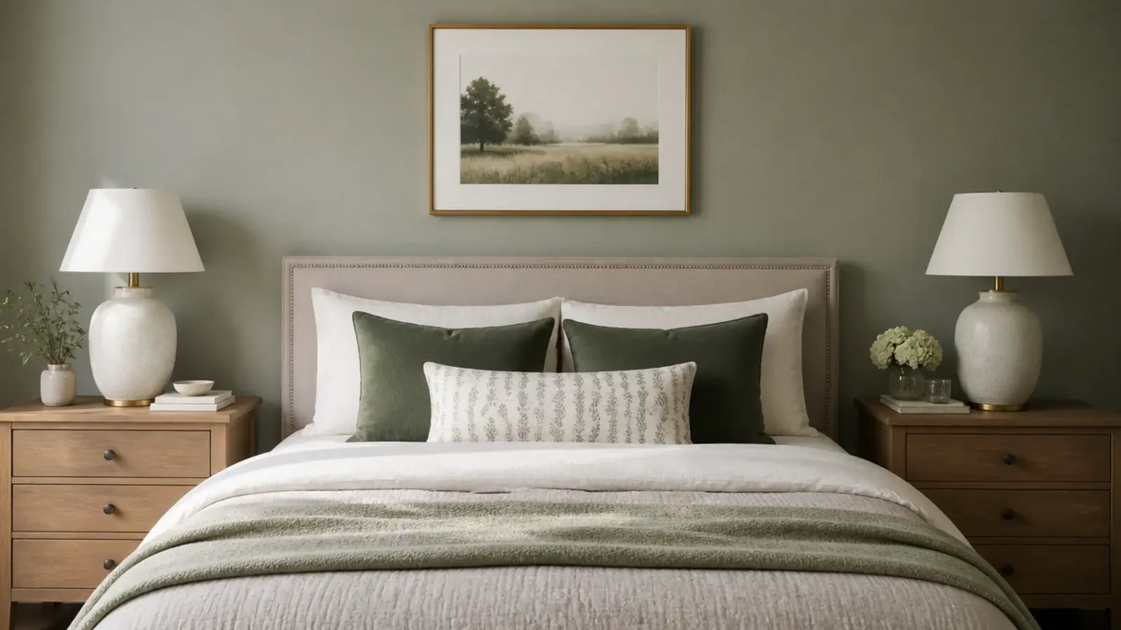 symmetrical bedroom with identical bedside cabinets lamps and centred artwork