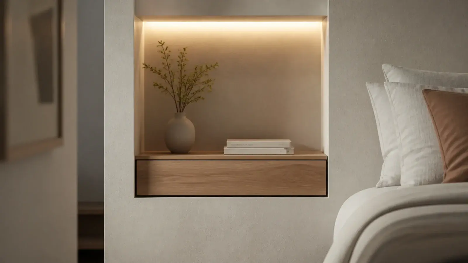 built-in bedside shelf and drawer set flush into a plastered wall recess