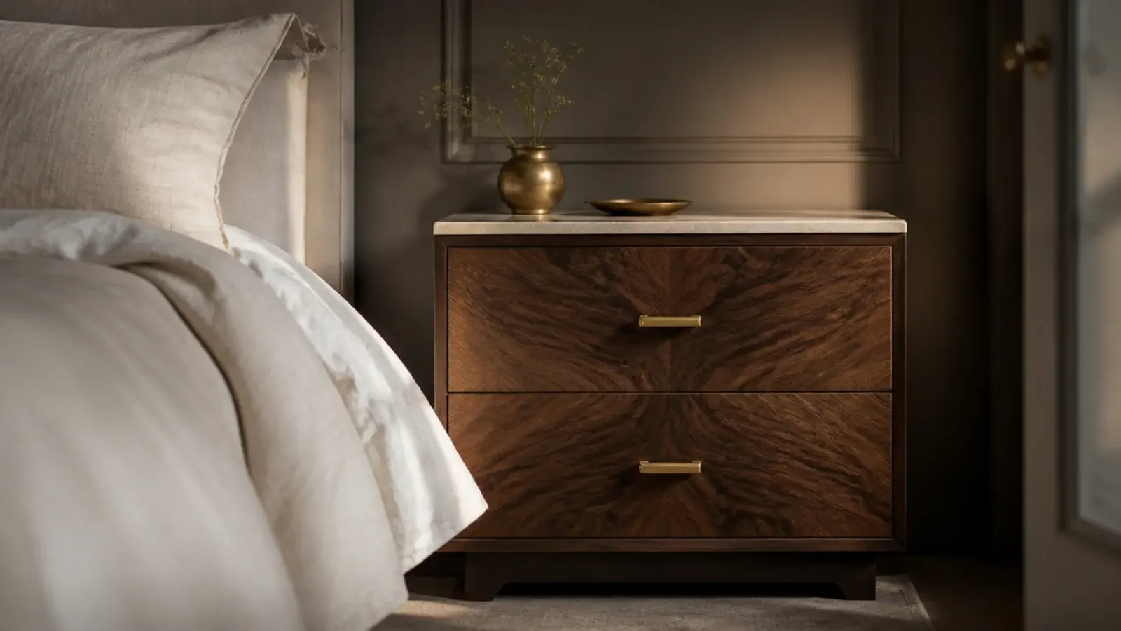 luxury bedside table in book-matched walnut with brass pulls and stone top
