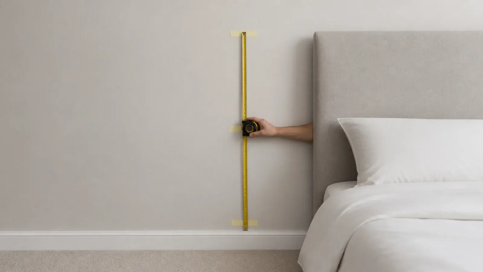 three tape measure readings marked at floor mattress and headboard height