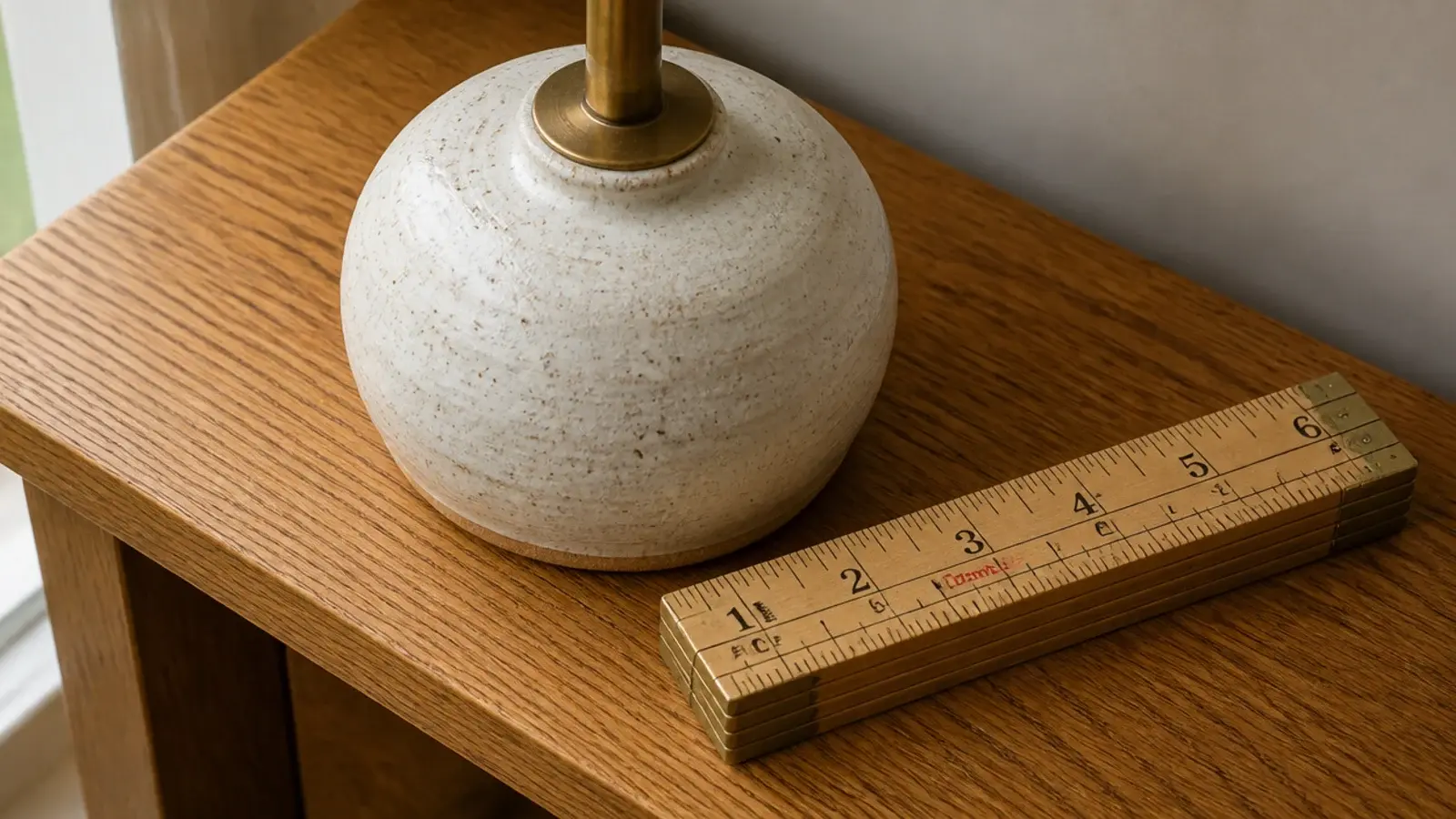 small lamp base measured across its foot on a shallow wooden surface