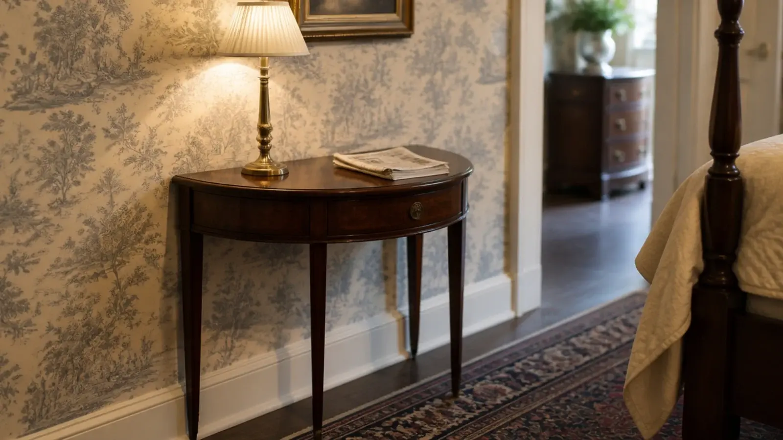 half round demilune table pushed flat against a bedroom wall