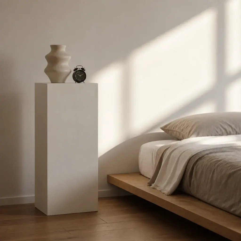 slim painted column plinth used as a bedside surface beside a bed