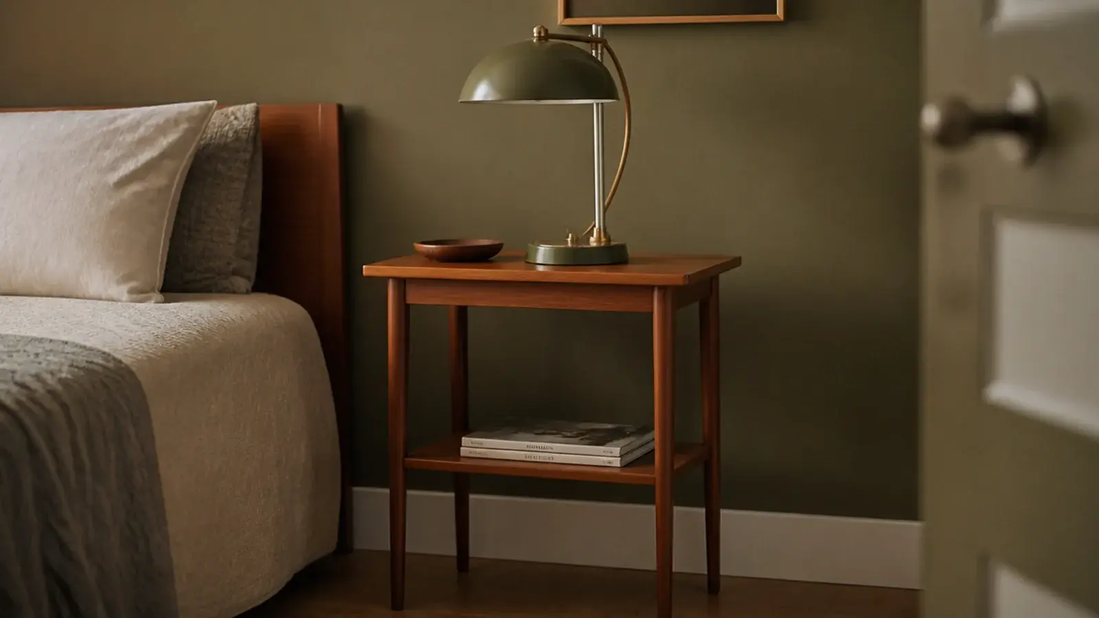 mid century telephone table repurposed beside a bed with a shelf below