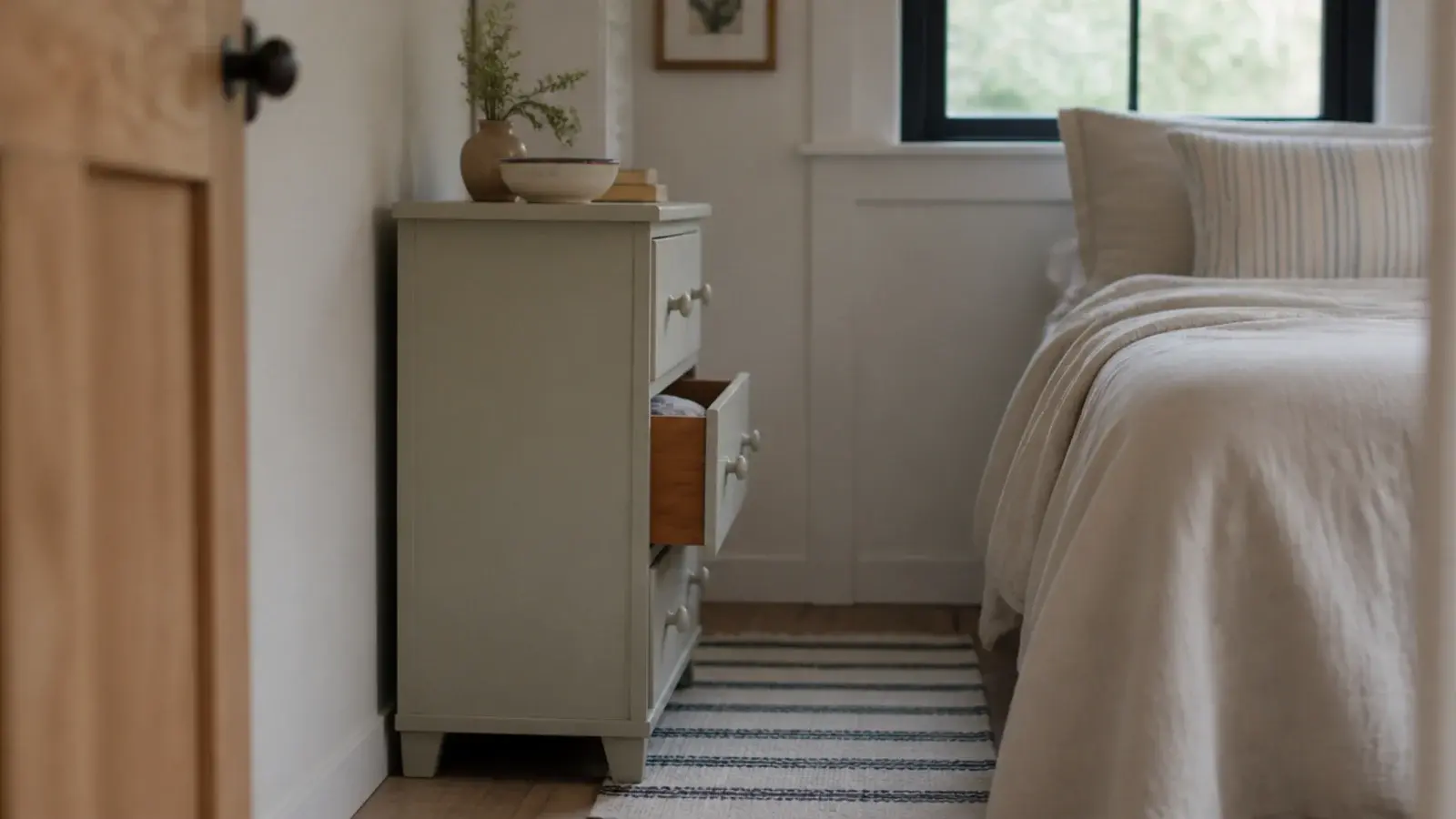 small chest of drawers turned sideways so drawers open toward the bed