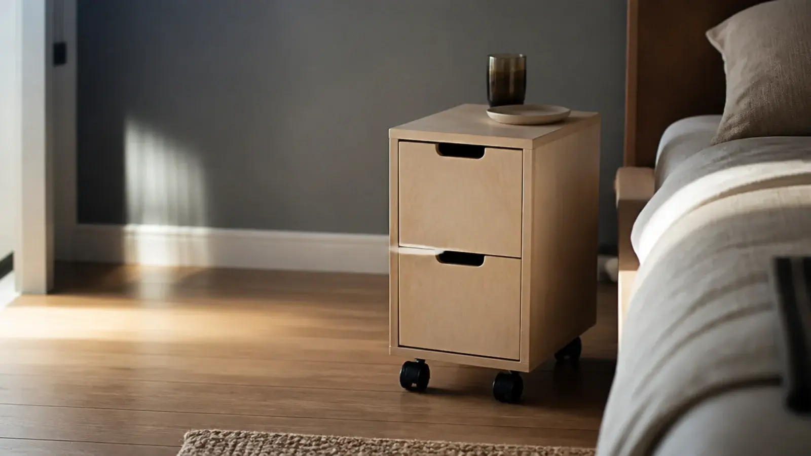 slim drawer unit on castors pulled partly out from beside a bed